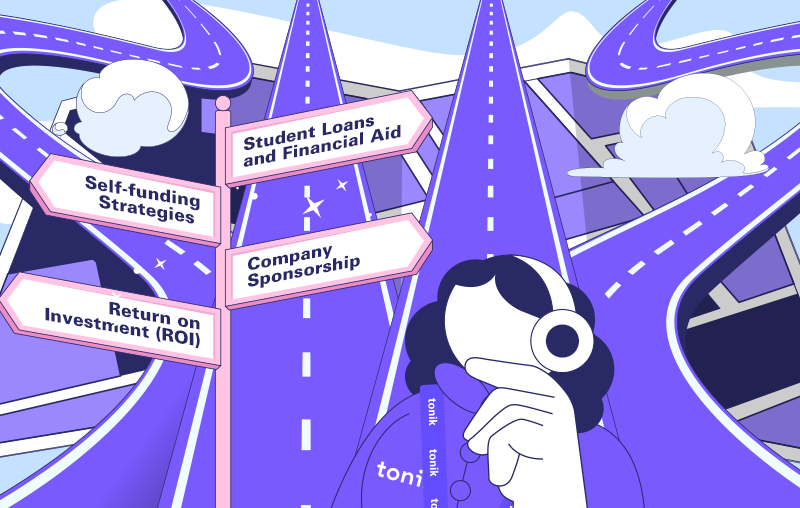 Tonik character stuck on a fork in in the road leading to 4 different paths