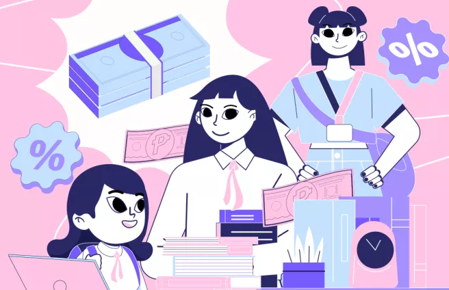 3 students surrounded by money elements to represent tuition fees in the Philippines]
