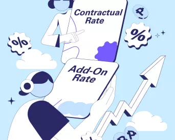 man holding up two sheets of paper showing contractual and add-on rates