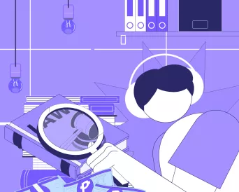  person holds magnifying glass with elements of money and law surrounding him to represent understanding laws about unpaid loans