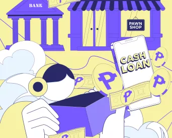 woman looks at her empty wallet with elements representing short-term loans floating above her