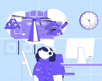 Female character in corporate attire researching schools