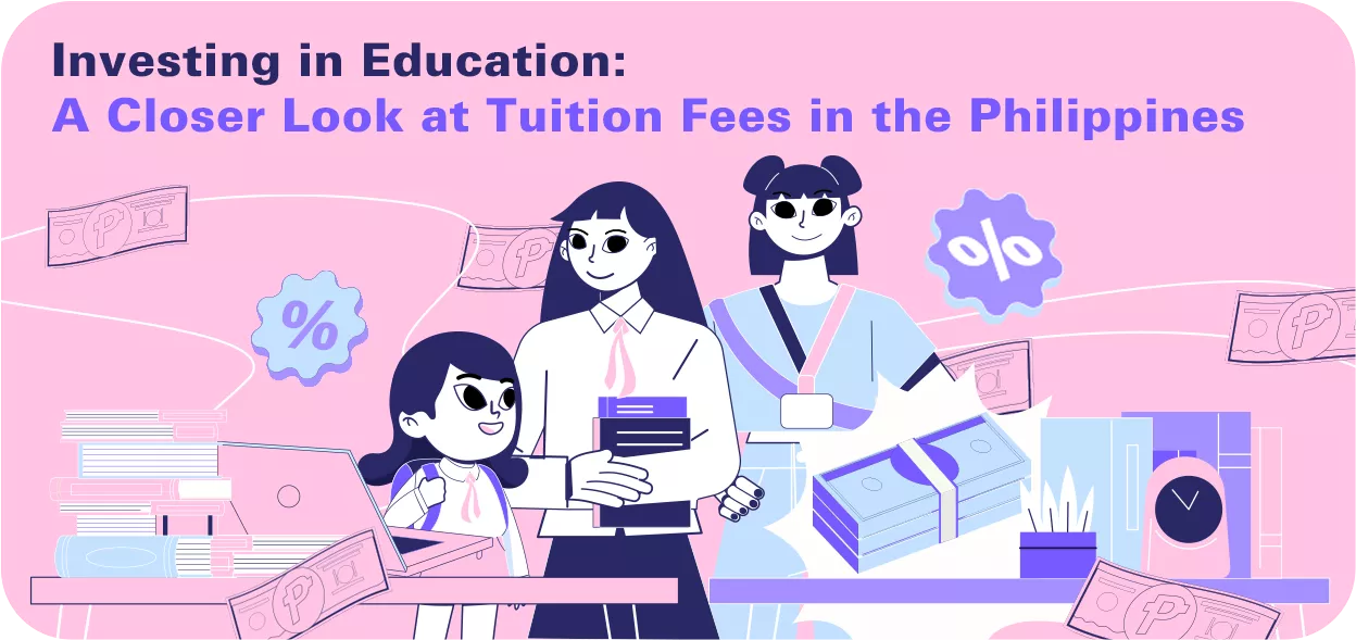 3 students surrounded by money elements to represent tuition fees in the Philippines]