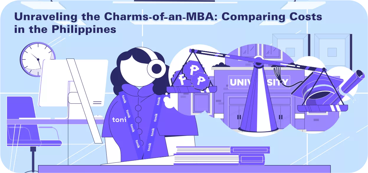 Female character in corporate attire researching schools