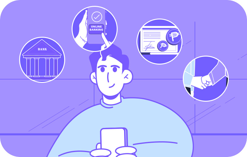 Person looking up at elements showing various cash loan providers, such as digital banks and cooperatives